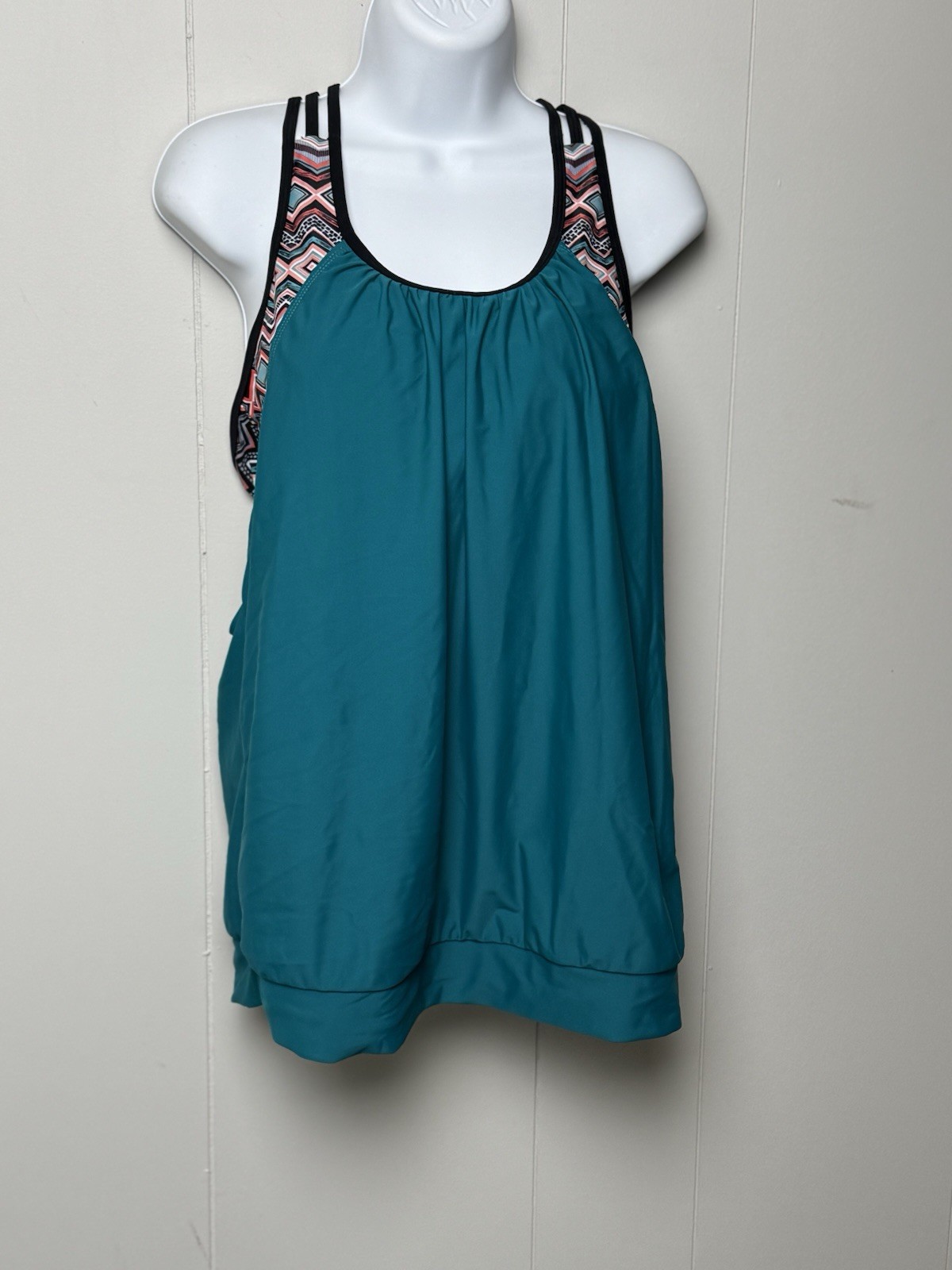 Teal Women's Tankini Top Blouson Style with Patterned Straps Razer Back Size L
