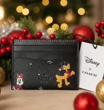 Disney x Coach CN032 Slim ID Card Case Black Holiday Minnie & Pluto Limited