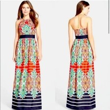 Eliza J 8 Halter Maxi Dress Necklace Chain Floral Paisley Stripe Red Black