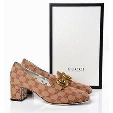 Gucci Monogram GG Victoire Loafer Pump Beige Ruggine Block Heel Size 37 US 7