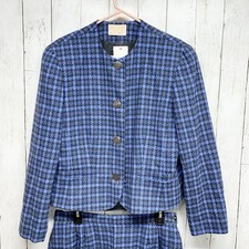 Vintage Pendleton Skirt Suit Set Women Large Blue Houndstooth Wool Blazer Retro