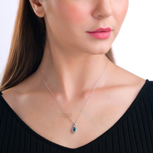 1.30CT Natural London Blue & White Topaz Halo Pendant Necklace, SS/14K PL- $389 - Bild 2 von 8