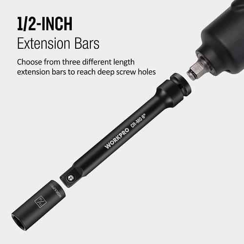 WORKPRO 3 Pieces 1/2" Drive Impact Extension Bar Set 3 6 8 Inch Socket Extension - Picture 5 of 10