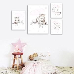 Nursery Wall Poster Pink Animal Owl Canvas Art Print Baby Girl Bedroom Decor Ebay ebay