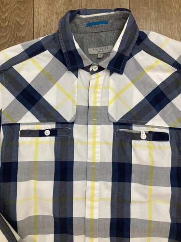 Camisa ajustada Ted Baker para hombre blanca azul algodón a cuadros manga larga talla 2 pequeña 133 - Imagen 6 de 13
