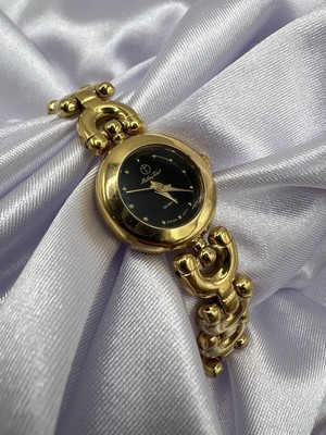Vintage Mathey Tissot Swiss Gold Tone Chunky Band Black Face  display picture 3