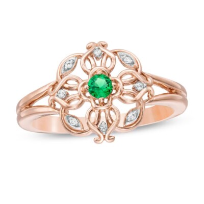 Simulated Emerald & Diamond Filigree Clover Split Shank Ring Rose Gold Plated
