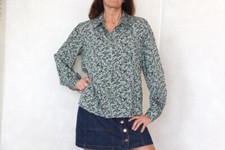90s Olive womens blouse Vintage puffy sleeve shirt minimalist button up shirt, L