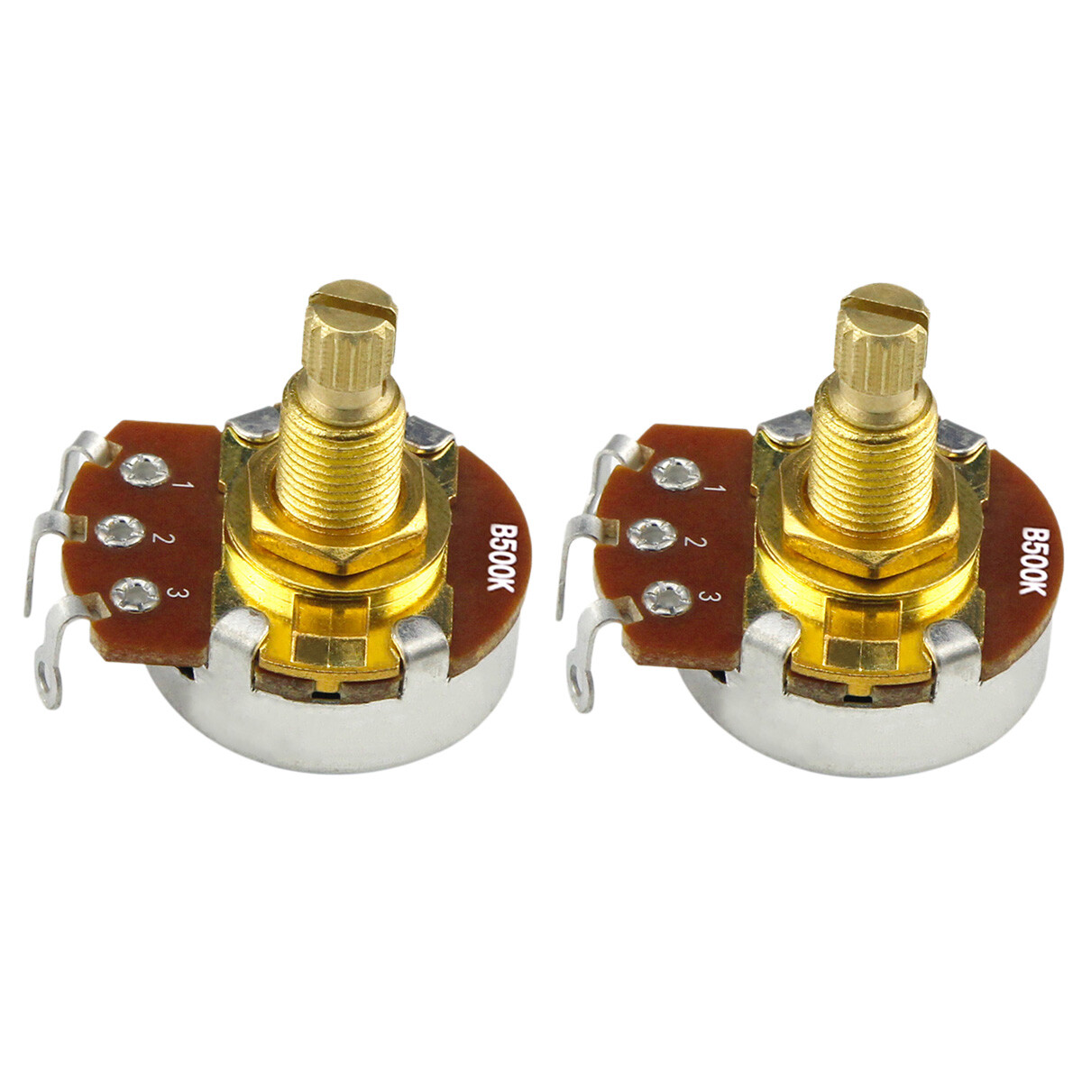 2 x Brass Guitar Bass Potentiometers Pots Long Shaft A250K/B250K/A500K