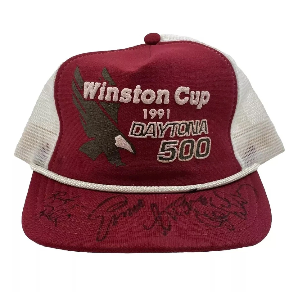 Taza/sombrero vintage autografiado NASCAR 1991 Daytona 500 Winston Trucker Snapback Foto 3 de 4