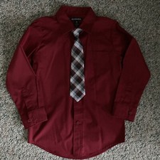 GEORGE Little Boys Dark Berry Long Sleeve Dress Shirt With Clip on Tie Size 6-7