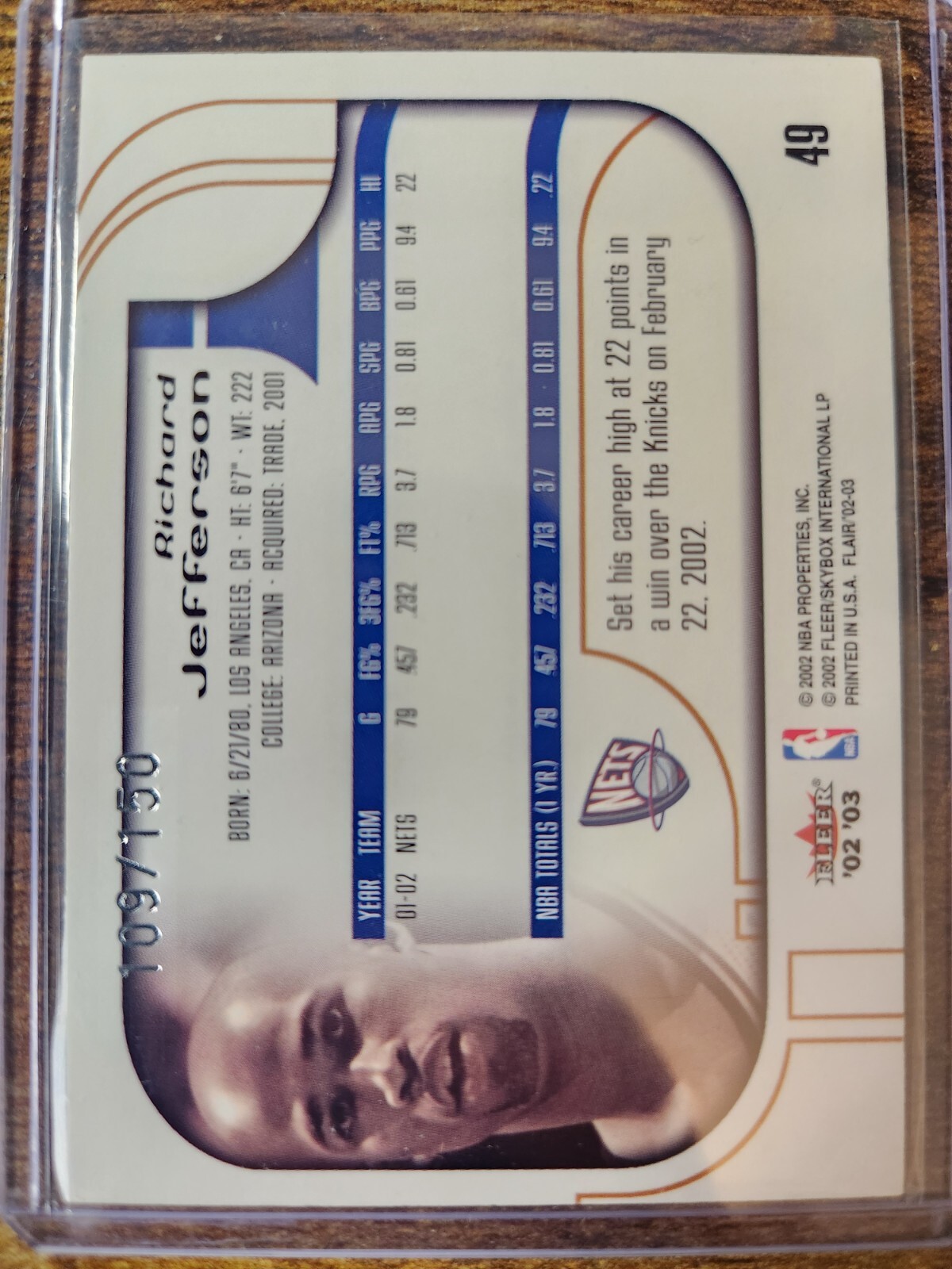2002 03 Flair Richard Jefferson Fila 1 150 #49 New Jersey Reti