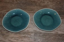 PAIR! Crate & Barrel CB2 Organically Shaped Blue Crackle Glaze Salad Plates 8"