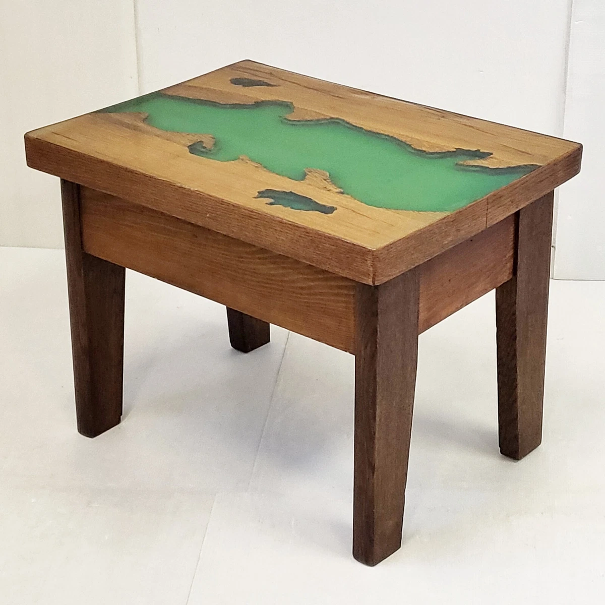 Side Table Vintage 1970 Resin Epoxy Green Oak Solid 70S Brutalist