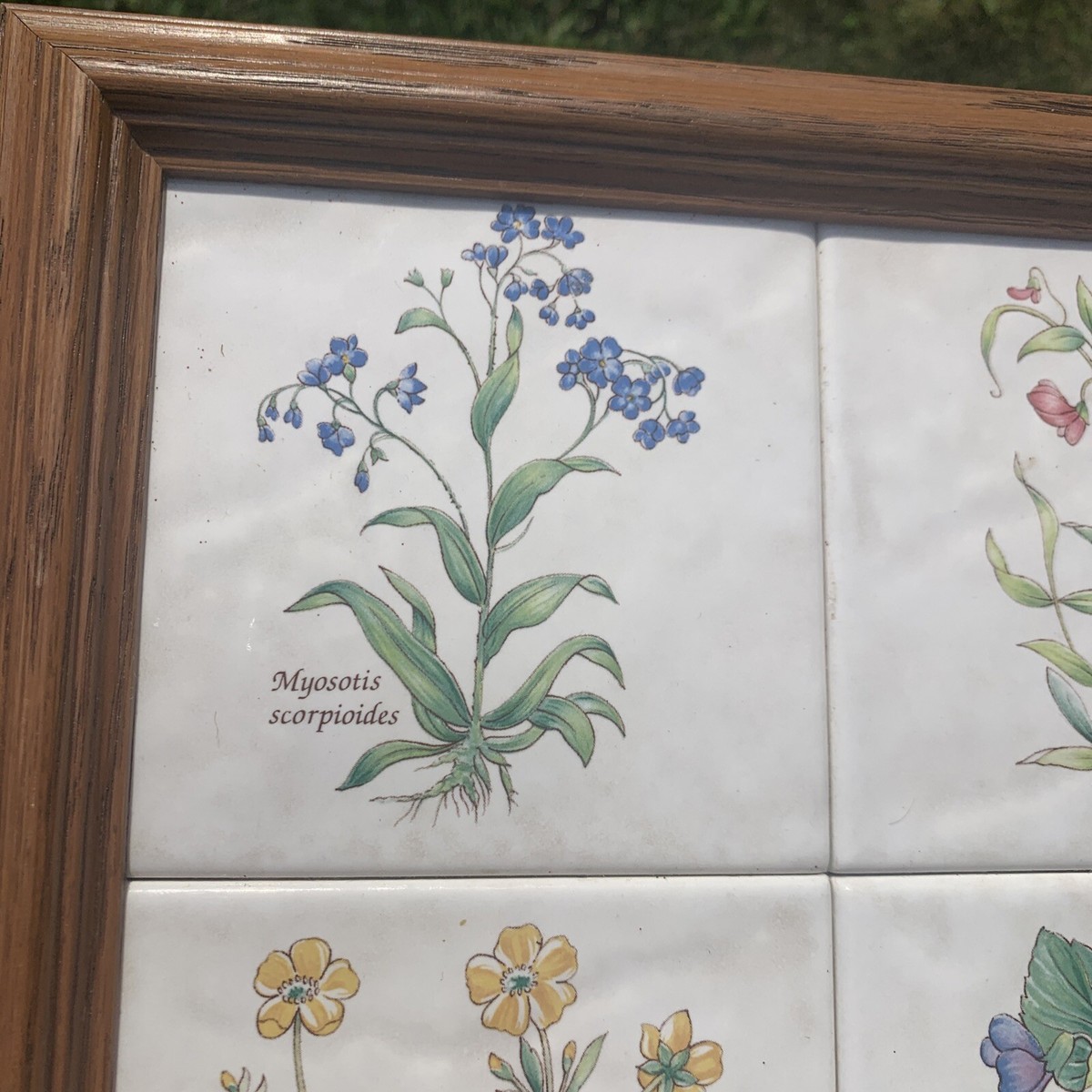 Vintage WILDFLOWER Framed Art Ceramic Tiles 4 Block UNIQUE ONE OF