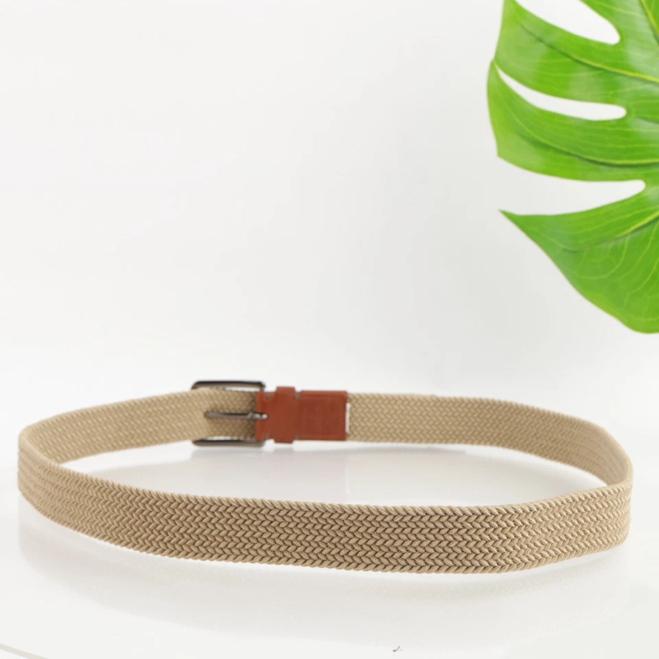 Cinto masculino Tommy Bahama tamanho G/XL grande cáqui elástico teia ponta de couro marrom - Imagem 4 de 4