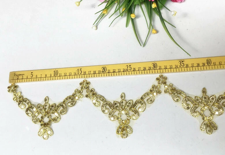 1 Yard Sequins Lace Trim Gold Flower Ribbon Applique DIY Wedding Clothing Edge - Image 2 of 4