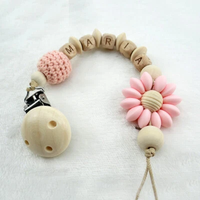 Personalised Name Silicone Dummy Clip Wood Flower Pacifier Chain Strap Gifts New