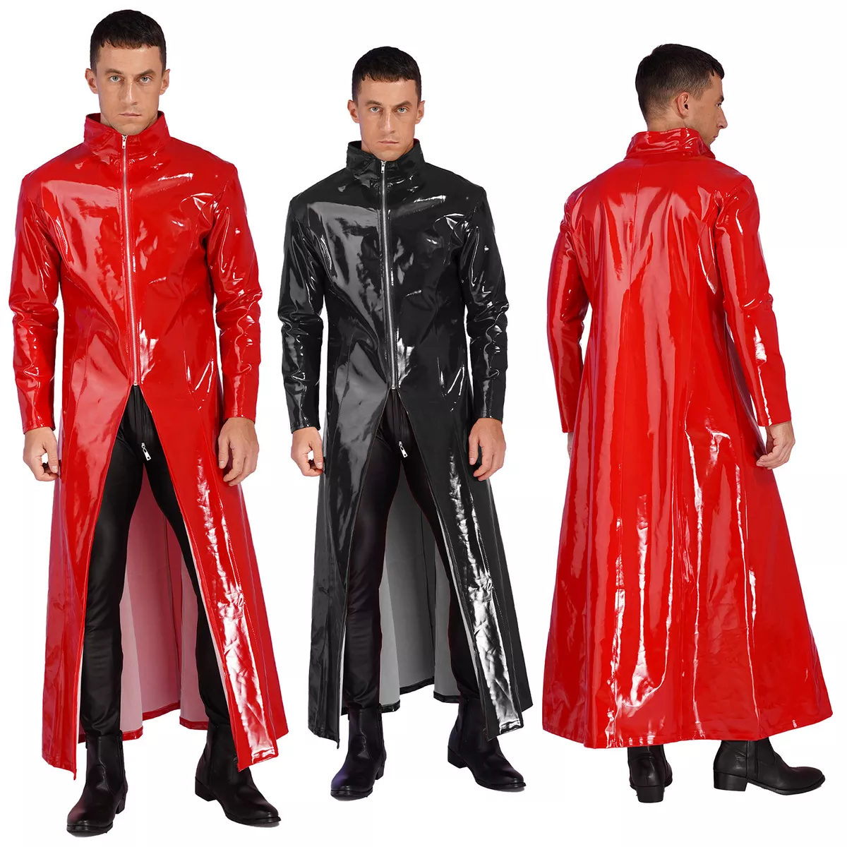 Men s PVC Leather Shiny Metallic Turtleneck Long Jacket Cloak Overcoat Clubwear