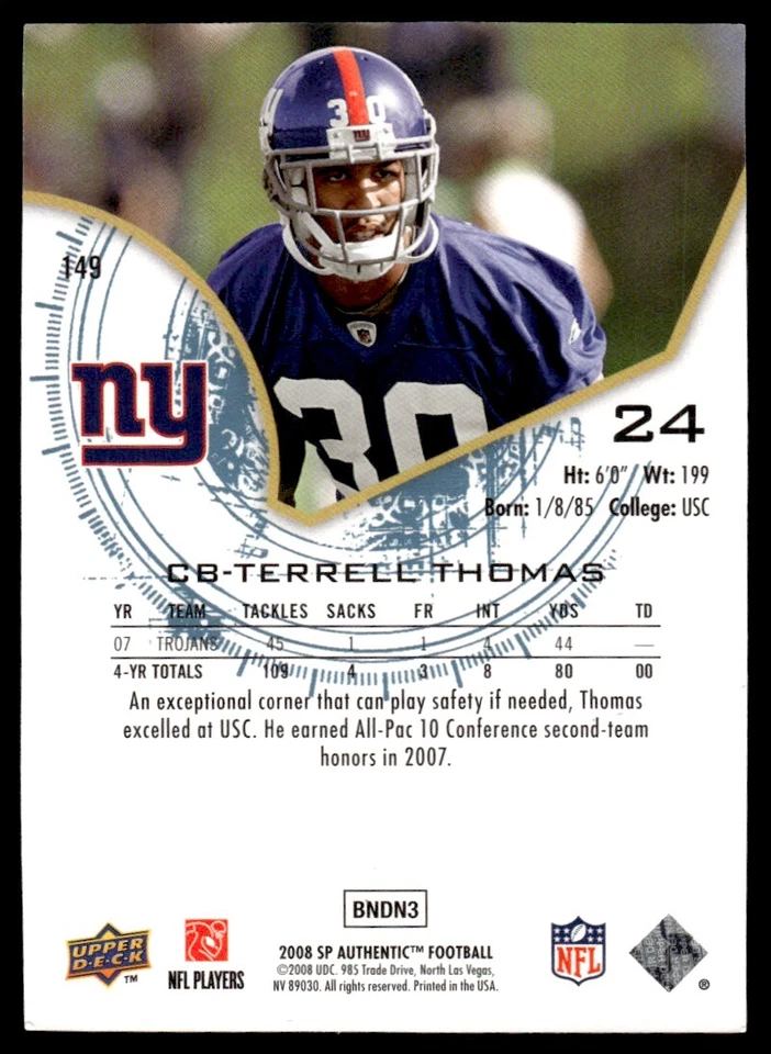 2008 SP Authentic Terrell Thomas Rookie 1132/1399 New York Giants #149 R104 - Image 2 of 2