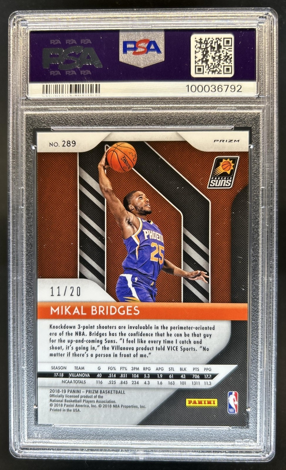 2018-19 Panini Prizm Mikal Bridges RC Prizm Fast Break Bronze #/20 Suns PSA 9 view 2