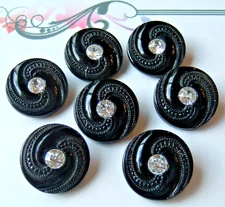 7 Swirling Vintage Art Deco Black Glass Buttons w/Sparkling Rhinestones 11/16"