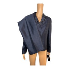 Le Suit Pant Suit Size 12P Navy Blue Embroidered Beaded Timeless Cocktail NWT