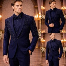 Navy Beading Sequin Men's Suits 3Pcs Formal Prom Blazer Coat Shawl Lapel Tuxedos