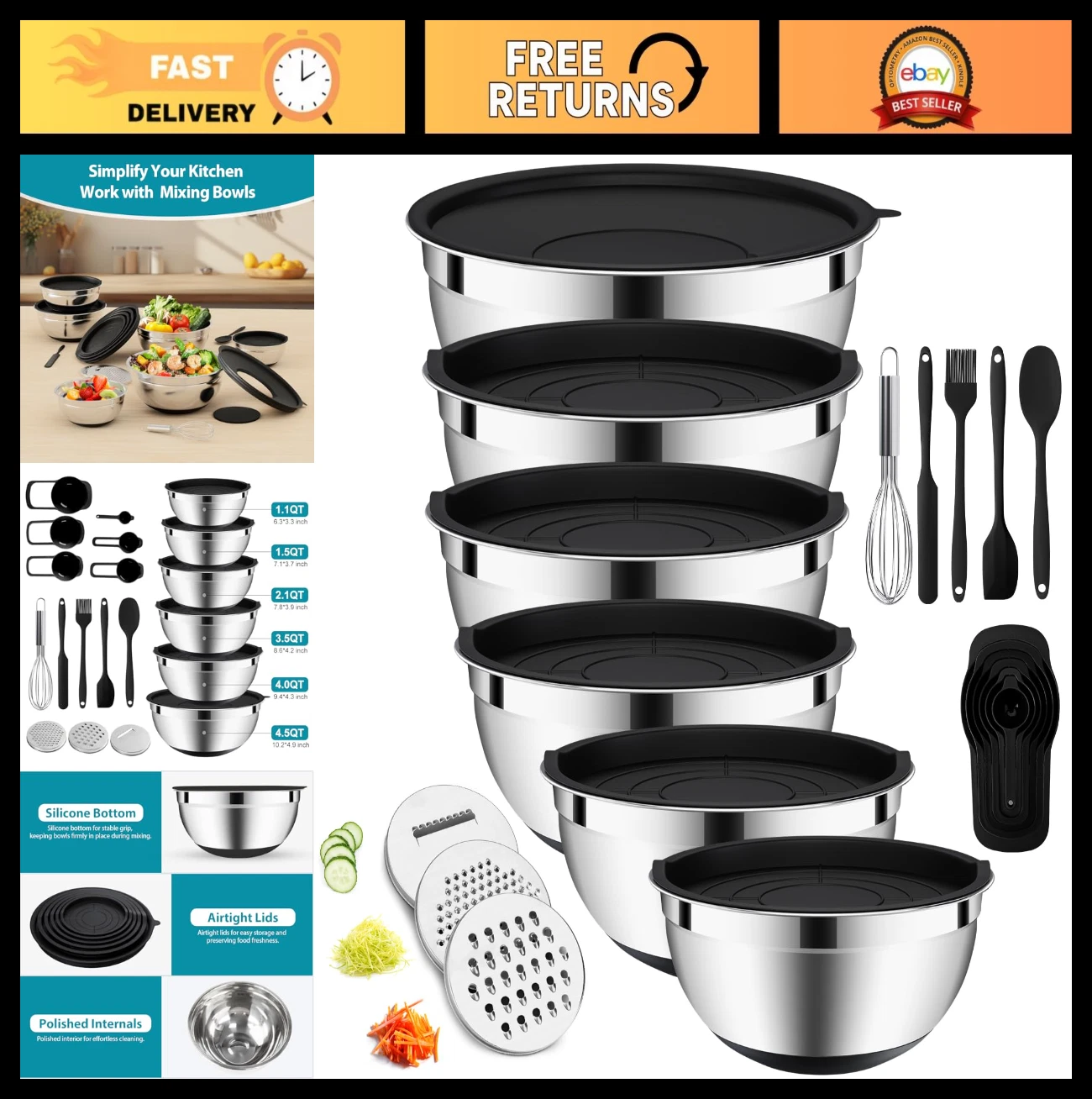 20-Piece Mixing Bowls Set with Airtight Lids, Stainless Steel & Grater Attachmen