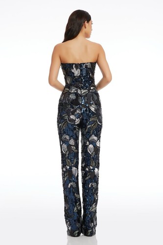 Dress The Population $448 Andy Sequin Jumpsuit Medium Navy Silver STUNNING - Picture 2 of 10