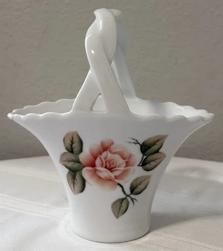 Vintage White Milk Glass Basket with Pink Roses