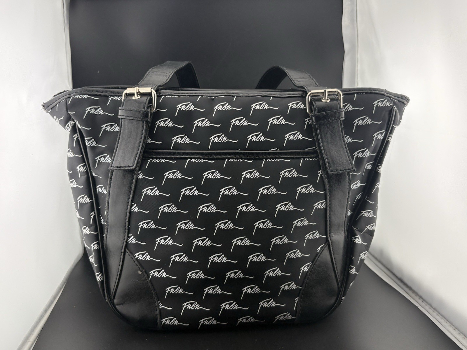 FUBU Script Logo Tote Bag Black White Monogram Print Shoulder Handbag Streetwear