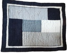 Quilted patchwork single standard sham navy gray leaf embroidery