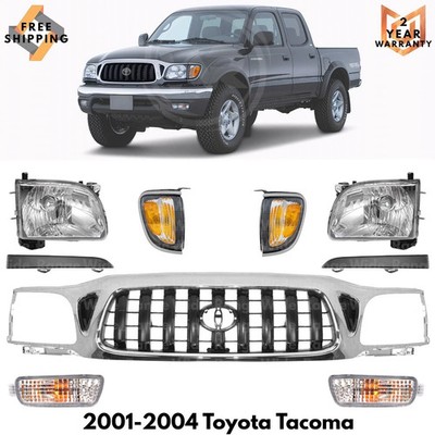 Front Grille Assembly Chrome & Headlights Kit For 2001-2004 Toyota Tacoma