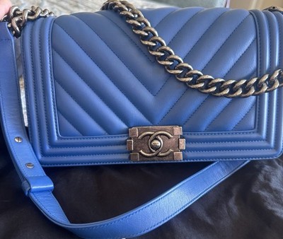 CHANEL Blue Chevron Quilted Shoulder Bag Silver Hardware Chain Accent