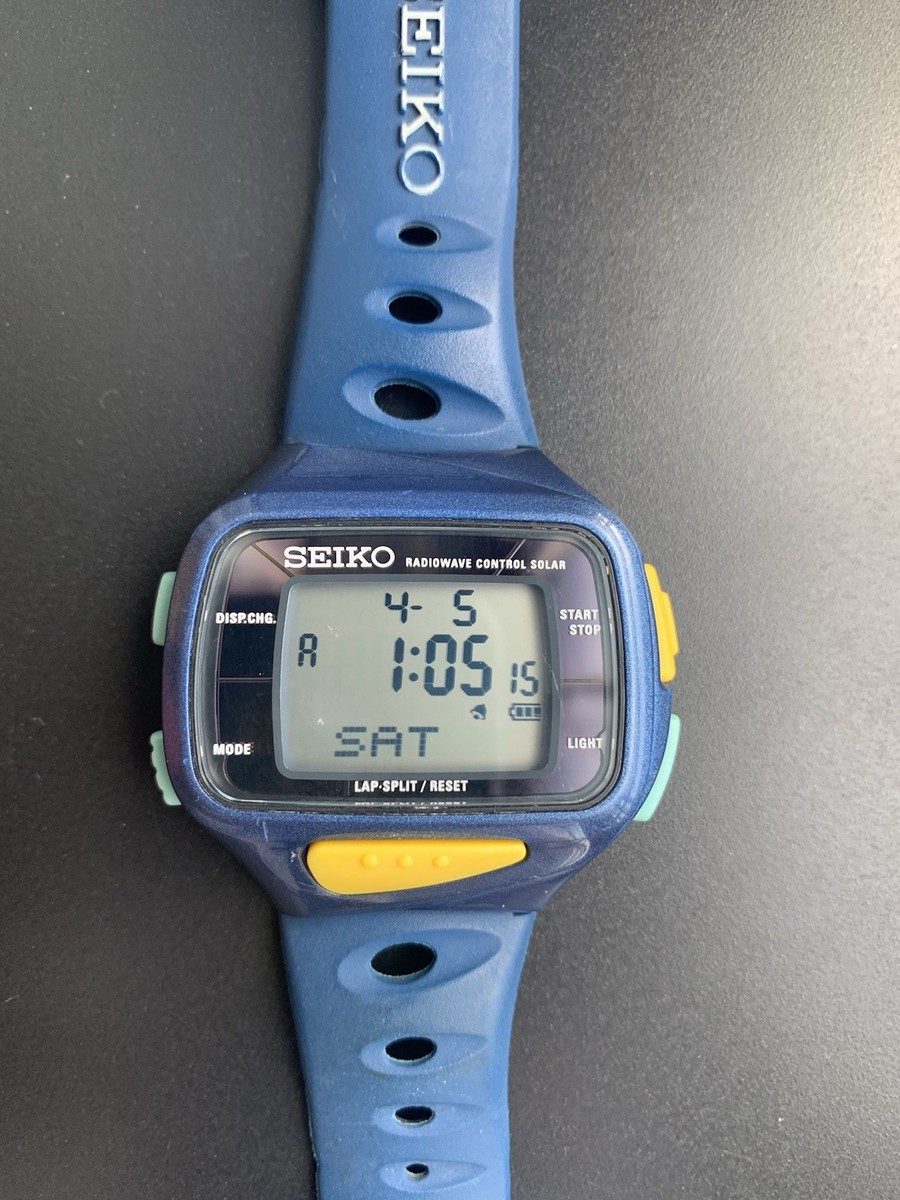 Seiko SUPER RUNNERS Radiowave Control Solar S750 Mens Digital Rare  Blue!