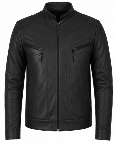 Men's Genuine Lambskin Leather Moto Jacket Black Stand Collar Biker Motorcycle - Afbeelding 1 van 6