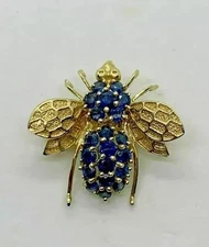 2.30 CT Round Cut Blue Sapphire Bee Brooch Pin & Pendant 14K Yellow Gold Plated