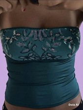 Women’s Green Strapless Overbust Mesh Corset Top, Floral Sequin, Size M