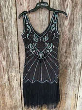 Babeyond 1920s Gatsby Black Sequin Beaded Fringed Flapper Cocktail Dress Sz XS