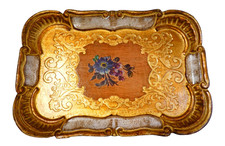 VINTAGE ITALIAN GILT FLORENTINE FLORAL & GOLD FIRENZE MITA PLASTIC DISH TRAY