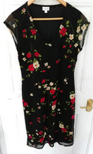 Vintage Etam Size 16 Dress Mesh Midi Wrap Effect Black Red Green Floral 90s Y2K