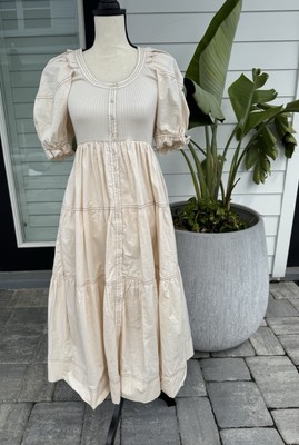 Puff Sleeve Cream Tiered Midi Dress  Pockets Cottage Peasant Maxi Cotton Small