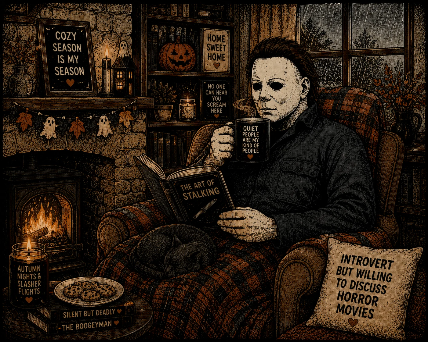 Michael Myers Reading by Fireplace Halloween Cozy Sherpa Fleece Blanket Horror