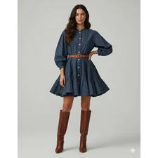 RHODE Navy Blue Cotton Button Front Gathered Midi Dress Size M