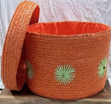 1960's Mid-Century Mod Orange Woven Wig Hat Box Embroidered Retro Travel Case