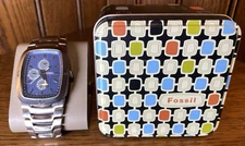 Men's Casual Stainless Steel Fossil Blue Rectangle Day Week, Month Watch Ch2434