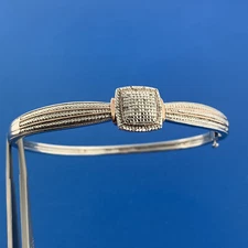 Designer BR SUN Silver Toned Round Cut Diamond 7.5" Hinged Cuff Bracelet