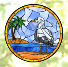 Seagull Ocean Beach Faux Stained-Glass WINDOW CLING Size 8" Round Vinyl