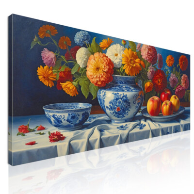 Botanisches Gemälde Stillleben mit bunten Blumen und Äpfeln in Porzellanvase, b